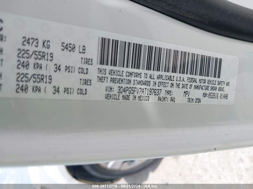 2010 Dodge Journey Sxt VIN: 3D4PG5FV7AT197637 Lot: 39713776