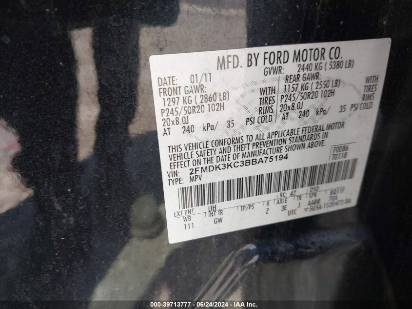 2011 Ford Edge Limited VIN: 2FMDK3KC3BBA75194 Lot: 39713777