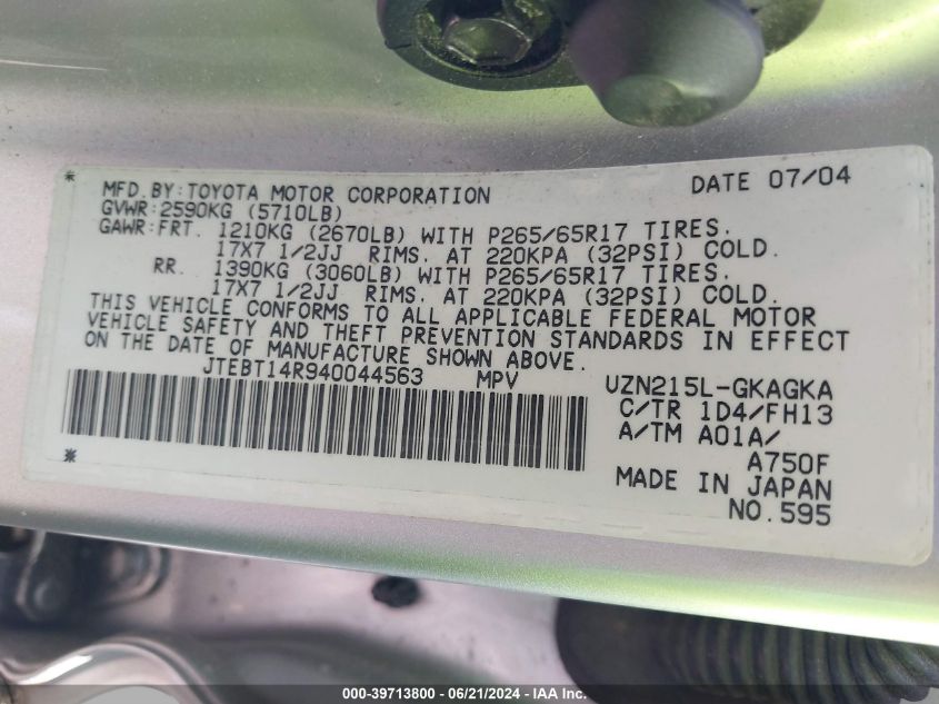 2004 Toyota 4Runner Sr5 Sport V8 VIN: JTEBT14R940044563 Lot: 39713800