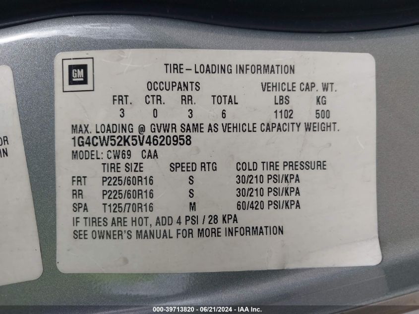 1997 Buick Park Avenue VIN: 1G4CW52K5V4620958 Lot: 39713820