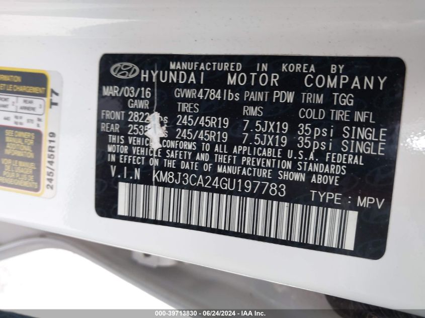 2016 Hyundai Tucson Sport VIN: KM8J3CA24GU197783 Lot: 39713830