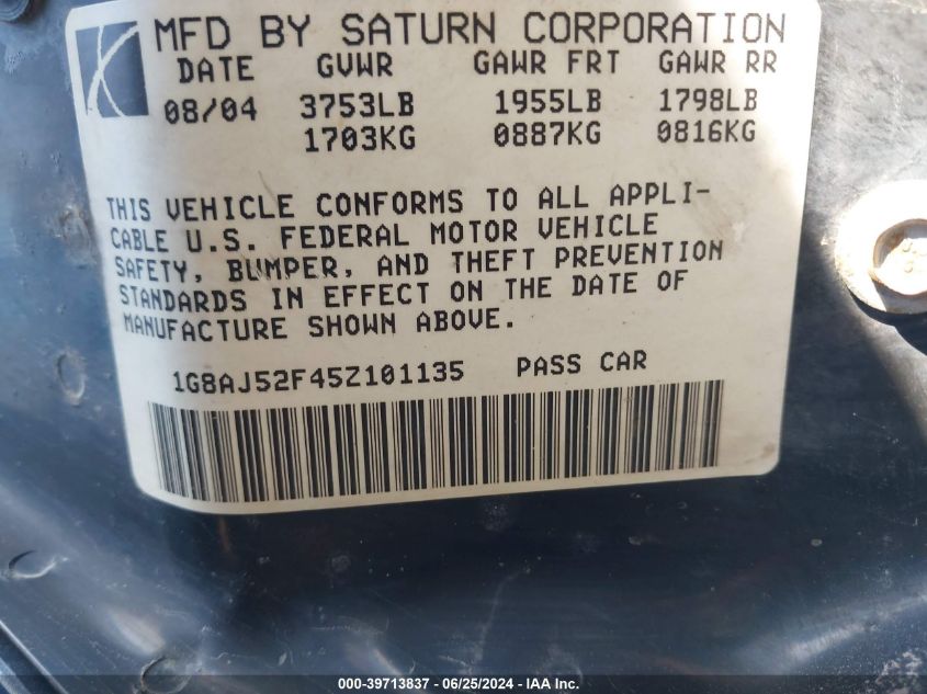 2005 Saturn Ion 2 VIN: 1G8AJ52F45Z101135 Lot: 39713837