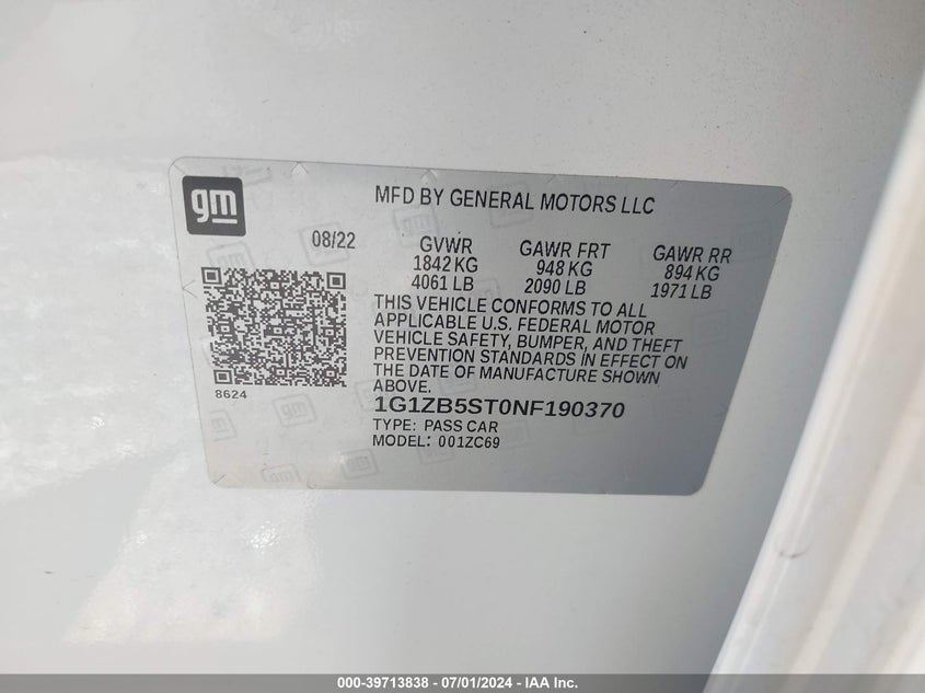 2022 Chevrolet Malibu Fwd Ls VIN: 1G1ZB5ST0NF190370 Lot: 39713838