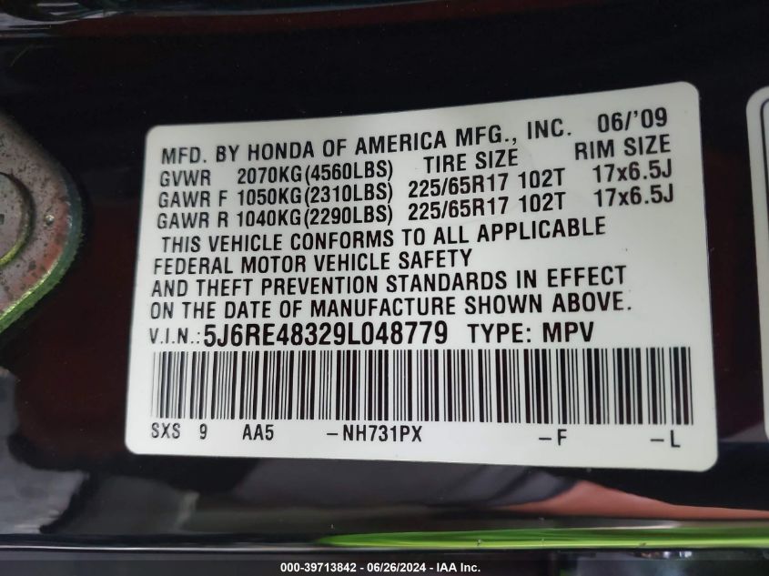 2009 Honda Cr-V Lx VIN: 5J6RE48329L048779 Lot: 39713842