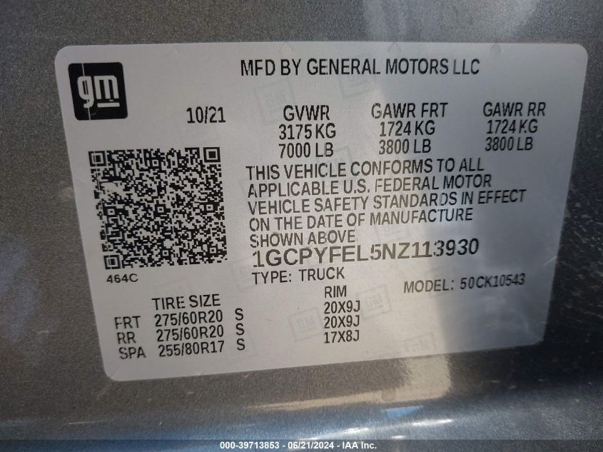 2022 Chevrolet Silverado Ltd K1500 Lt Trail Boss VIN: 1GCPYFEL5NZ113930 Lot: 39713853