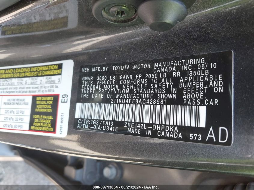 2010 Toyota Matrix VIN: 2T1KU4EE8AC428981 Lot: 39713854