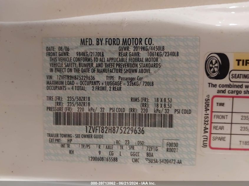 2007 Ford Mustang Gt Deluxe/Gt Premium VIN: 1ZVFT82H875229636 Lot: 39713862