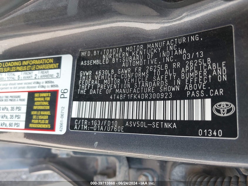 2013 Toyota Camry Le VIN: 4T4BF1FK4DR300923 Lot: 39713868