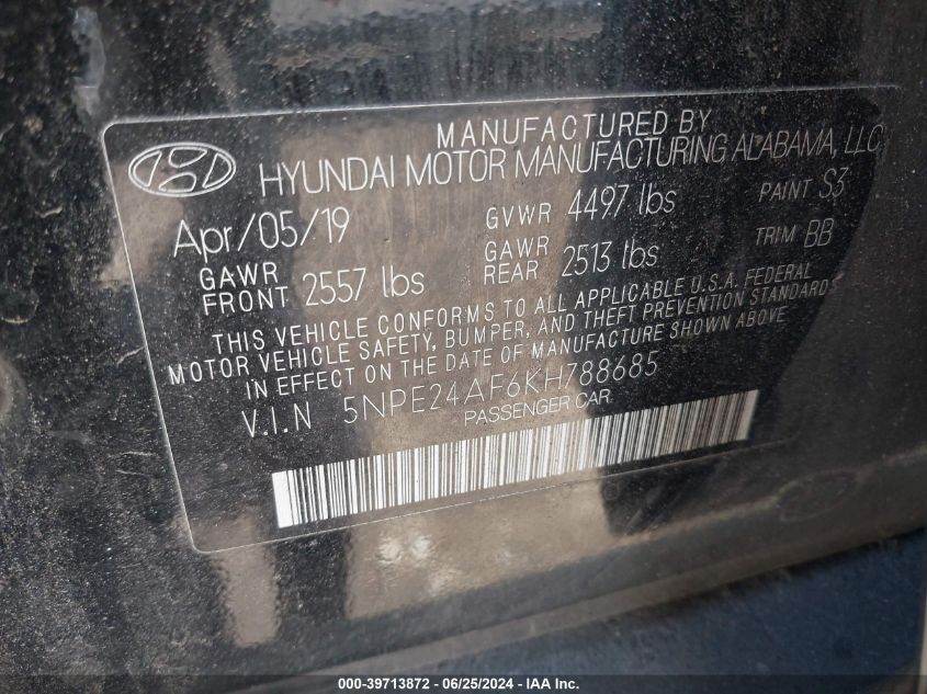 2019 Hyundai Sonata Se VIN: 5NPE24AF6KH788685 Lot: 39713872