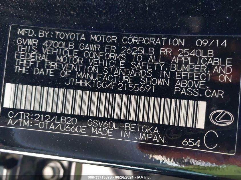 2015 Lexus Es 350 VIN: JTHBK1GG4F2155691 Lot: 39713878