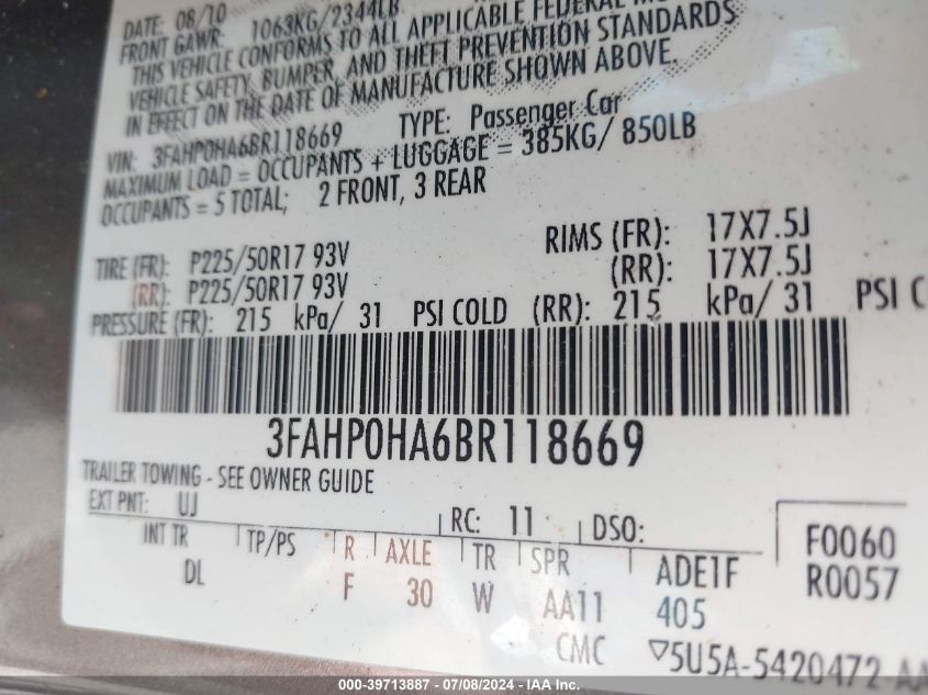 2011 Ford Fusion Se VIN: 3FAHP0HA6BR118669 Lot: 39713887