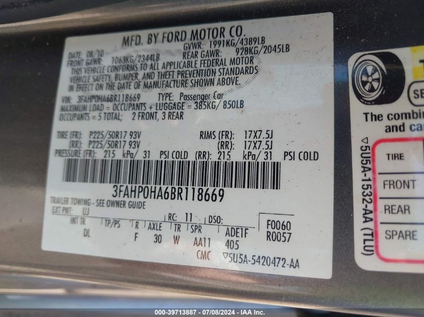 2011 Ford Fusion Se VIN: 3FAHP0HA6BR118669 Lot: 39713887