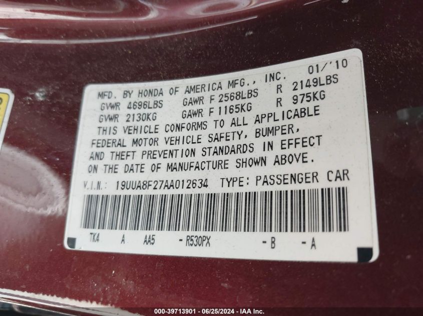 2010 Acura Tl 3.5 VIN: 19UUA8F27AA012634 Lot: 39713901
