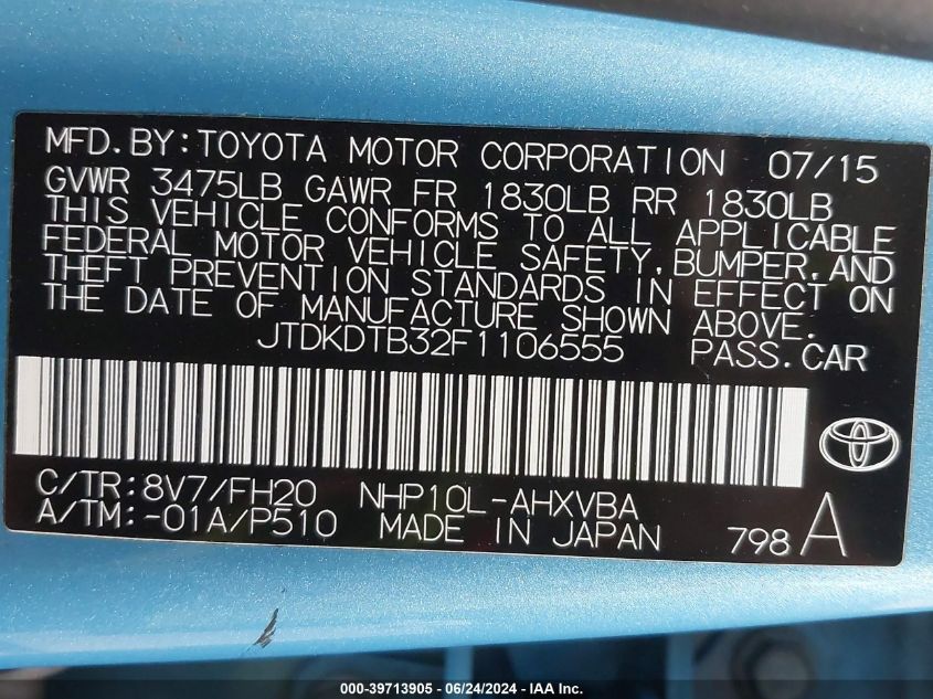 2015 Toyota Prius C One VIN: JTDKDTB32F1106555 Lot: 39713905