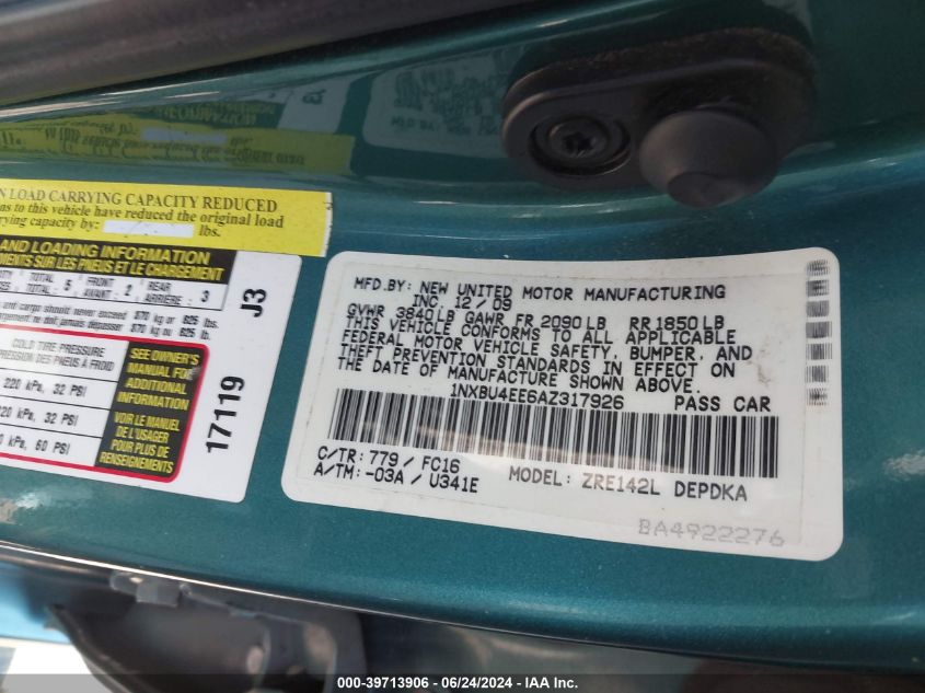 2010 Toyota Corolla Le VIN: 1NXBU4EE6AZ317926 Lot: 39713906