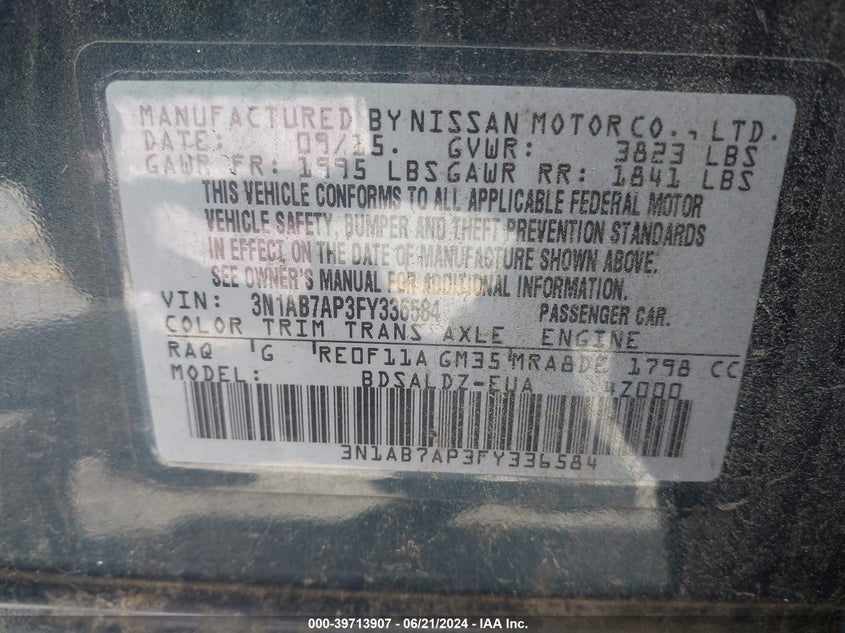 2015 Nissan Sentra S/Sv/Sr/Sl VIN: 3N1AB7AP3FY336584 Lot: 39713907