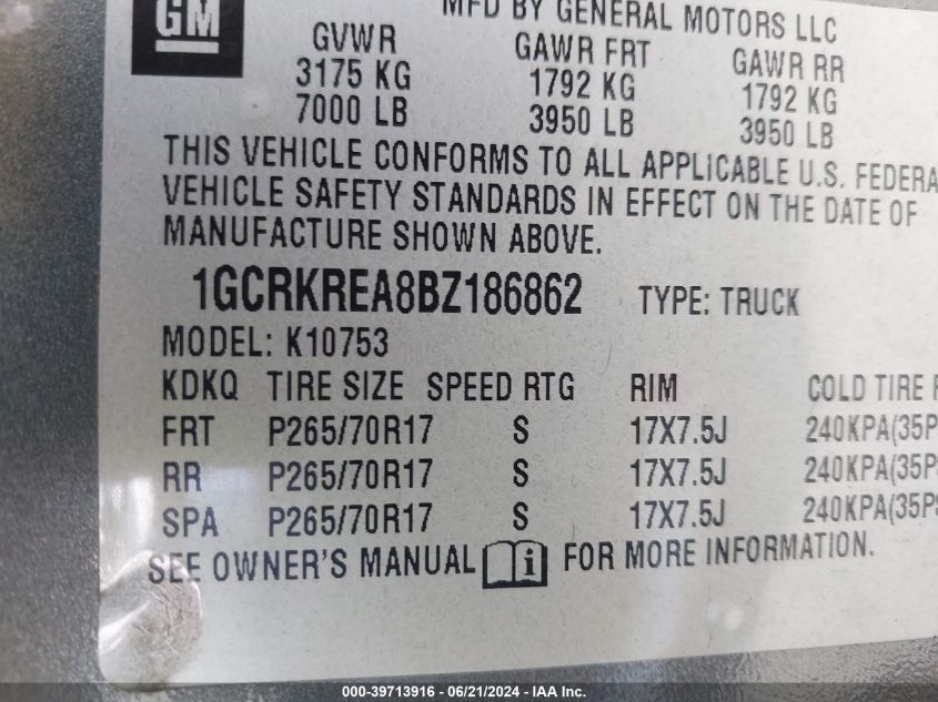 2011 Chevrolet Silverado 1500 Ls VIN: 1GCRKREA8BZ186862 Lot: 39713916