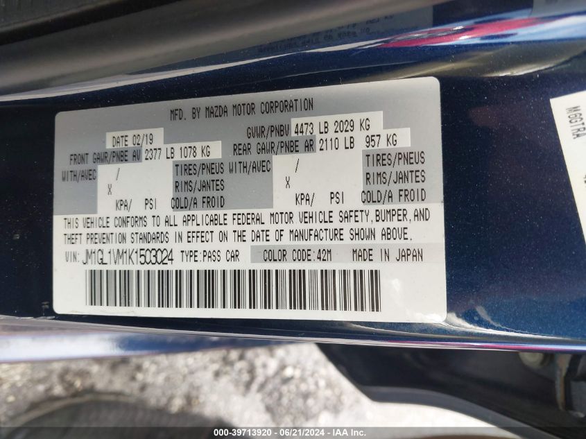 2019 Mazda Mazda6 Touring VIN: JM1GL1VM1K1503024 Lot: 39713920