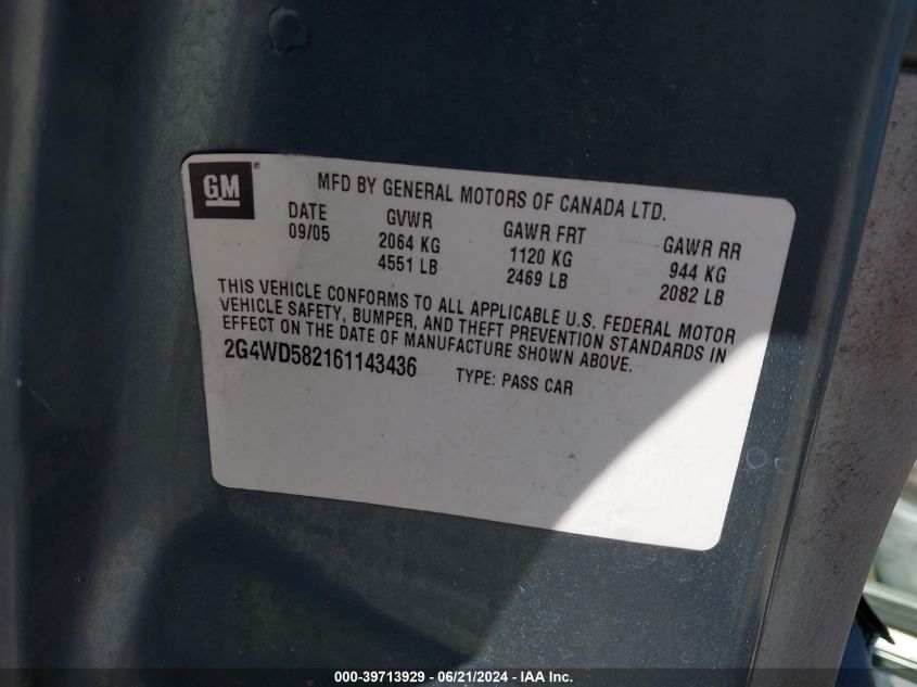 2006 Buick Lacrosse Cxl VIN: 2G4WD582161143436 Lot: 39713929