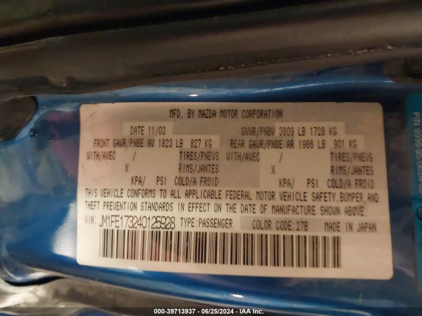 2004 Mazda Rx-8 6 Speed Manual VIN: JM1FE173240125928 Lot: 39713937