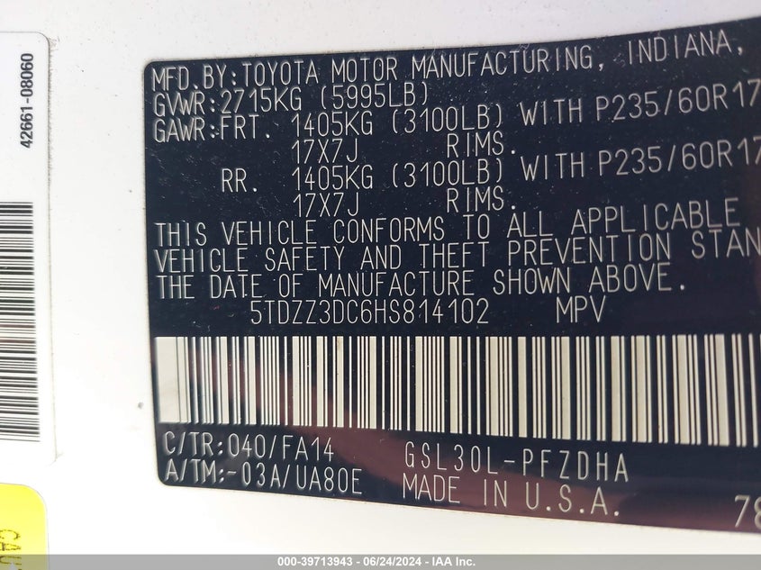 2017 Toyota Sienna L 7 Passenger VIN: 5TDZZ3DC6HS814102 Lot: 39713943