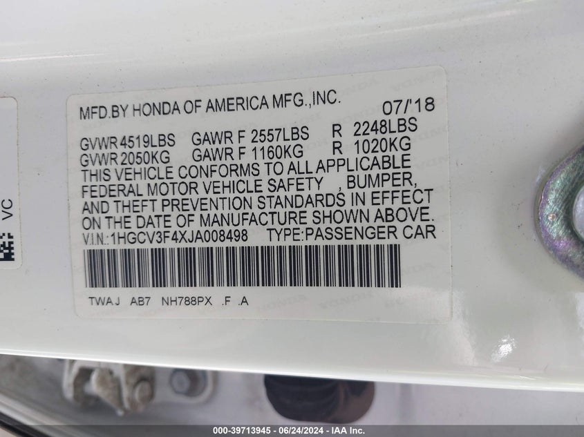 VIN 1HGCV3F4XJA008498 2018 HONDA ACCORD HYBRID EX