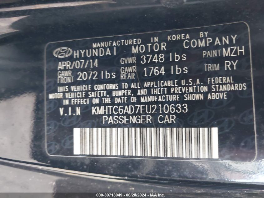 2014 Hyundai Veloster Base W/Gray VIN: KMHTC6AD7EU210633 Lot: 39713949