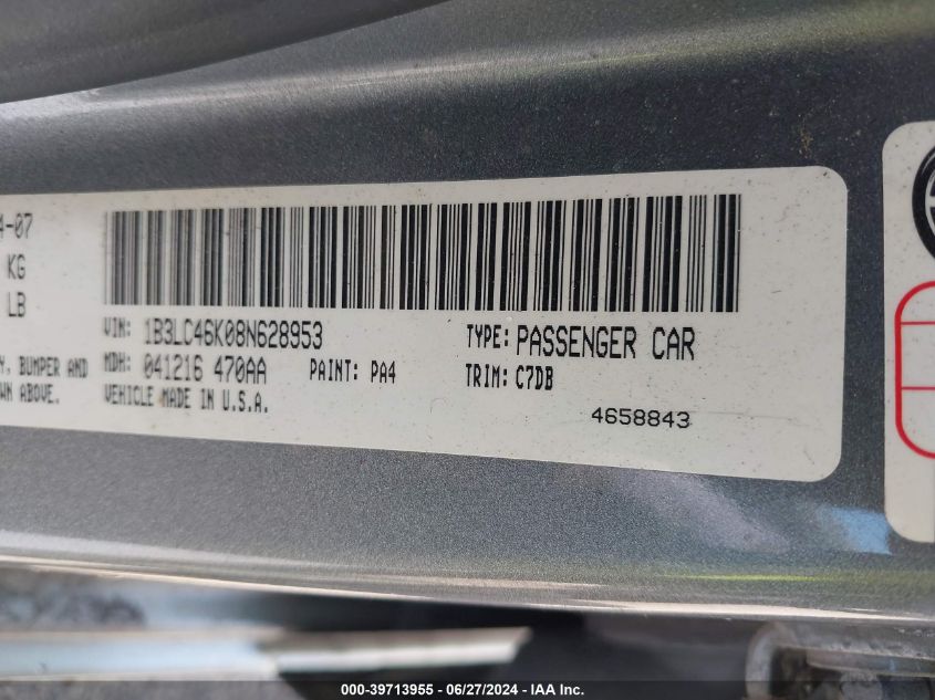 2008 Dodge Avenger Se VIN: 1B3LC46K08N628953 Lot: 39713955