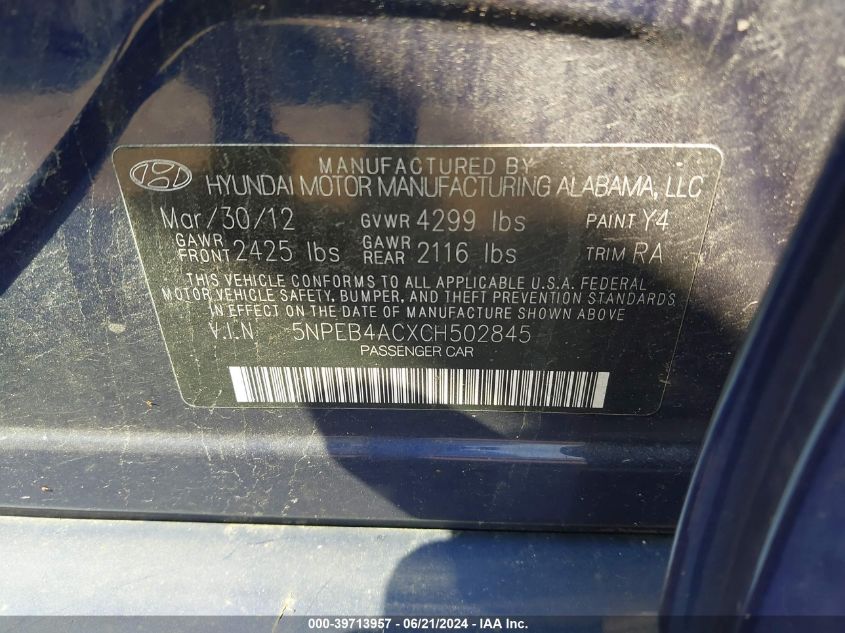 2012 Hyundai Sonata Gls VIN: 5NPEB4ACXCH502845 Lot: 39713957