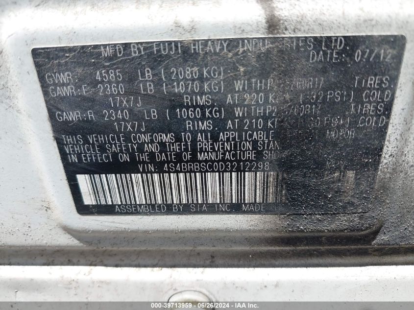 2013 Subaru Outback 2.5I Limited VIN: 4S4BRBSC0D3212298 Lot: 39713959