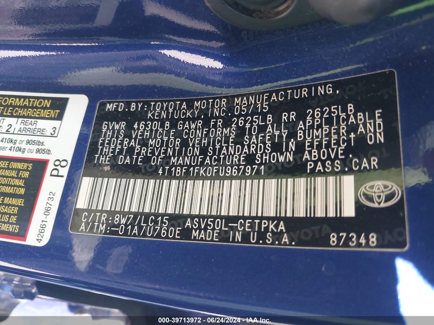 2015 Toyota Camry Xse VIN: 4T1BF1FK0FU967971 Lot: 39713972