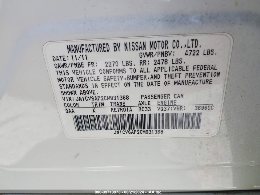 2012 Infiniti G37 Journey VIN: JN1CV6AP2CM931368 Lot: 39713973