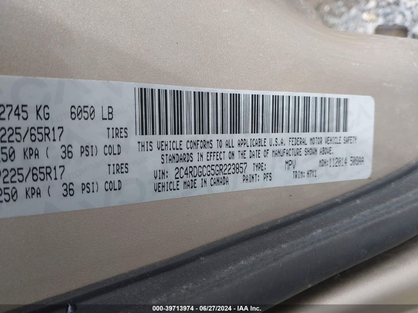 2016 Dodge Grand Caravan Sxt VIN: 2C4RDGCG5GR223857 Lot: 39713974