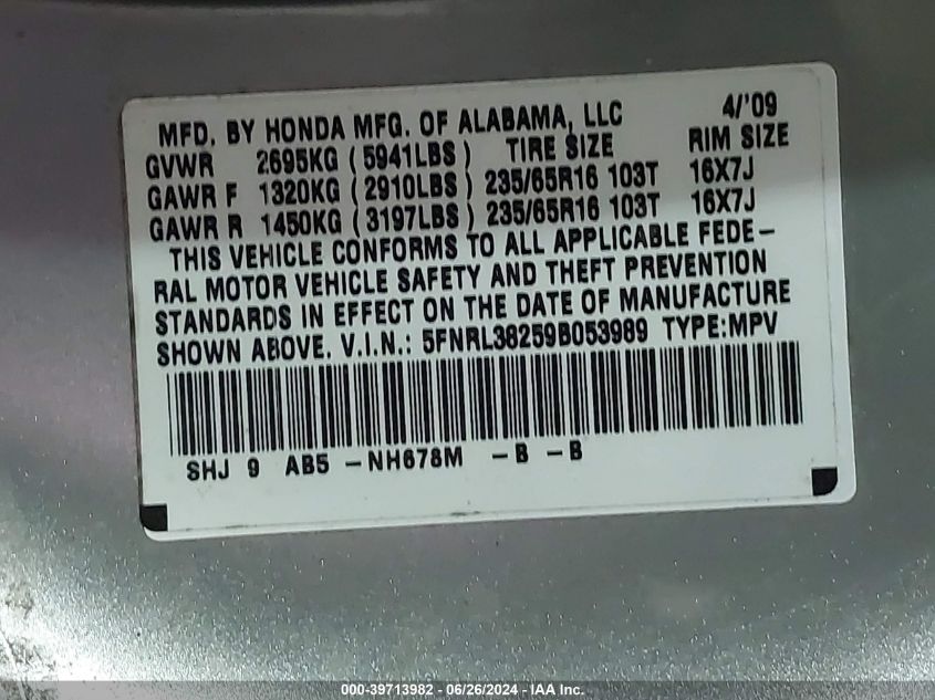 2009 Honda Odyssey Lx VIN: 5FNRL38259B053989 Lot: 39713982
