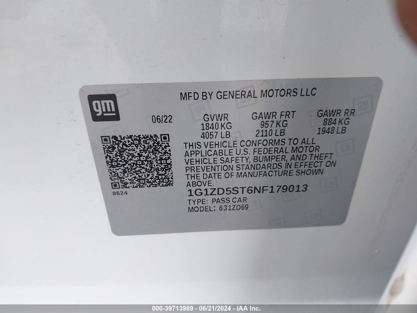 2022 Chevrolet Malibu Fwd Lt VIN: 1G1ZD5ST6NF179013 Lot: 39713989