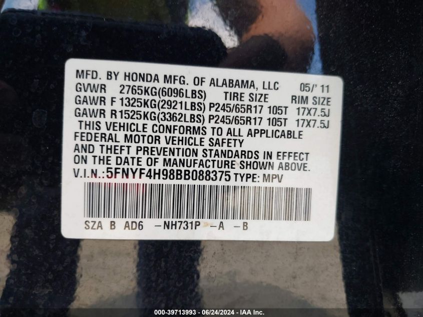 2011 Honda Pilot Touring VIN: 5FNYF4H98BB088375 Lot: 39713993