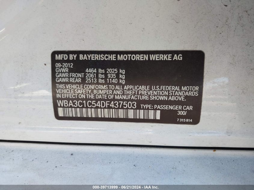 2013 BMW 328 I Sulev VIN: WBA3C1C54DF437503 Lot: 39713999
