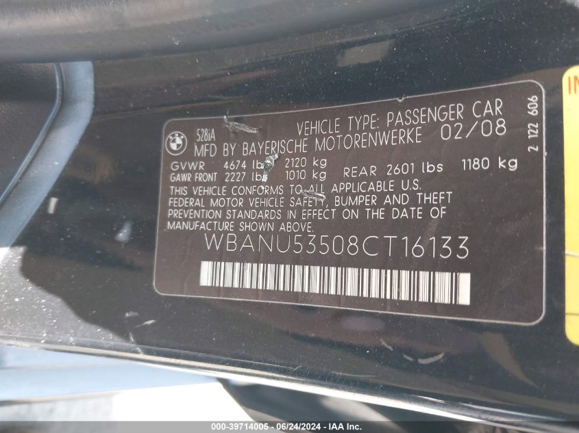 2008 BMW 528I VIN: WBANU53508CT16133 Lot: 39714005