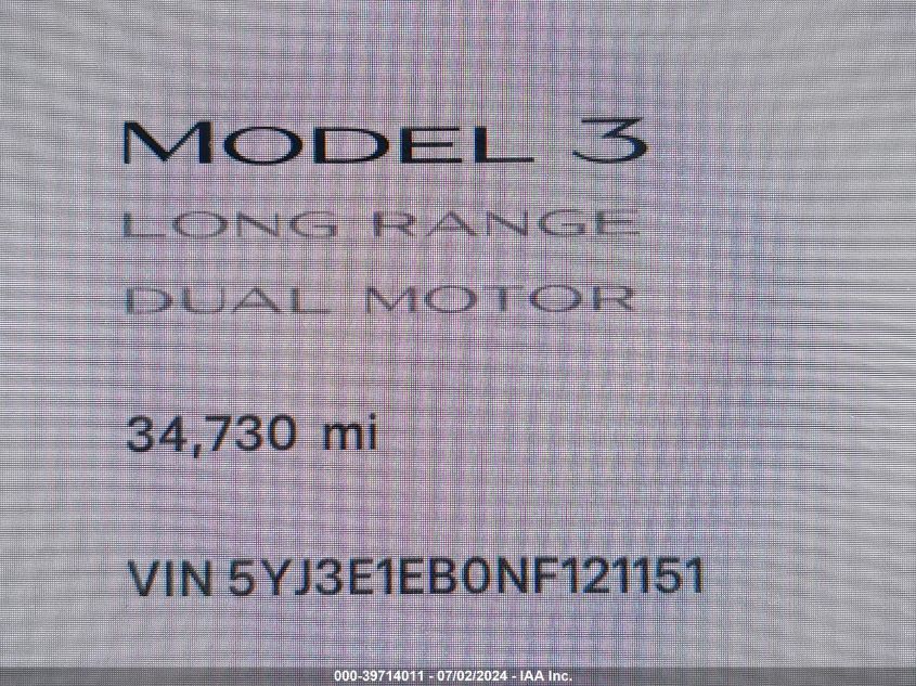 2022 Tesla Model 3 Long Range Dual Motor All-Wheel Drive VIN: 5YJ3E1EB0NF121151 Lot: 39714011