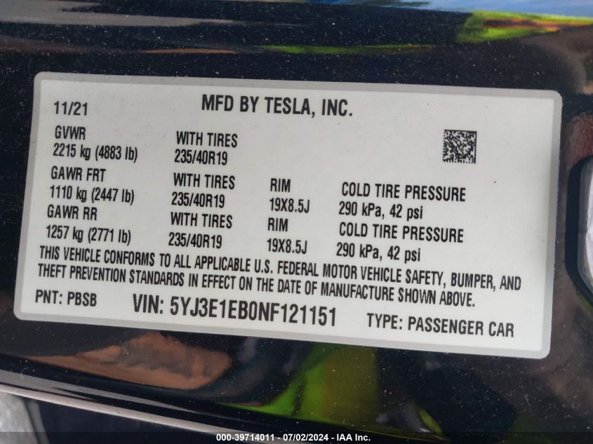 2022 Tesla Model 3 Long Range Dual Motor All-Wheel Drive VIN: 5YJ3E1EB0NF121151 Lot: 39714011