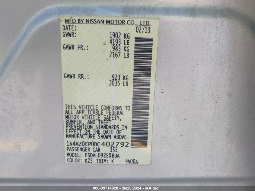 2013 Nissan Leaf Sv VIN: 1N4AZ0CP0DC402792 Lot: 39714020