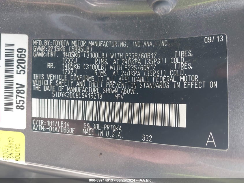 2014 TOYOTA SIENNA XLE/LIMITED - 5TDYK3DC8ES415218