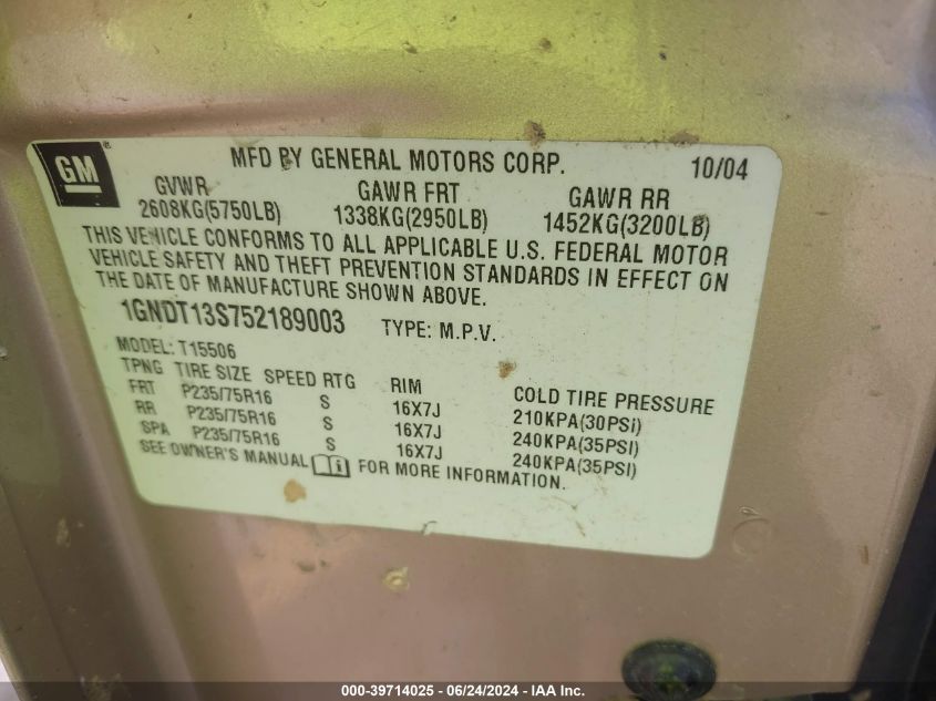 2005 Chevrolet Trailblazer Ls VIN: 1GNDT13S752189003 Lot: 39714025