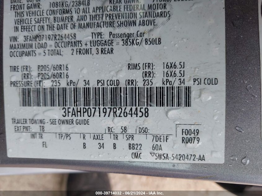 2007 Ford Fusion Se VIN: 3FAHP07197R264458 Lot: 39714032