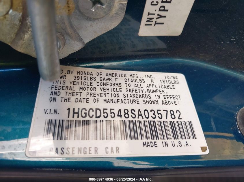 1995 Honda Accord Lx VIN: 1HGCD5548SA035782 Lot: 39714036