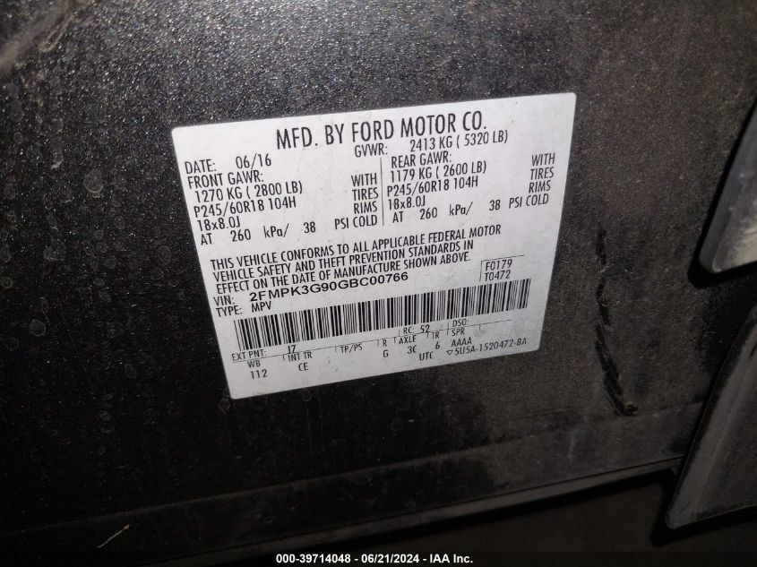 2016 Ford Edge Se VIN: 2FMPK3G90GBC00766 Lot: 39714048