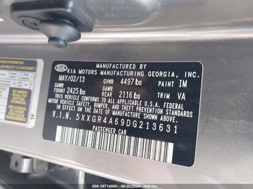 2013 Kia Optima Sx VIN: 5XXGR4A69DG213631 Lot: 39714080