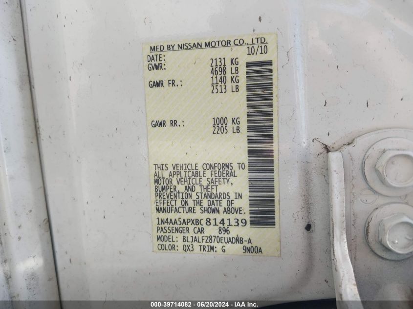 2011 Nissan Maxima 3.5 Sv VIN: 1N4AA5APXBC814139 Lot: 39714082