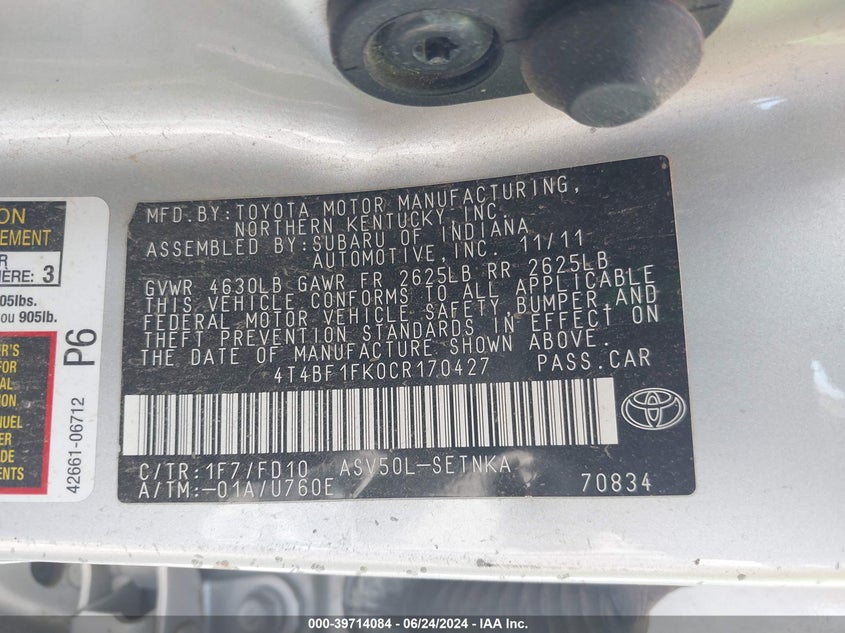 2012 Toyota Camry L/Le/Se/Se Limited Edition/Xle VIN: 4T1BF1FK4CR170427 Lot: 39714084