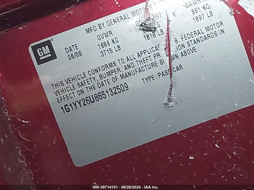 2006 Chevrolet Corvette VIN: 1G1YY26U865132509 Lot: 39714101